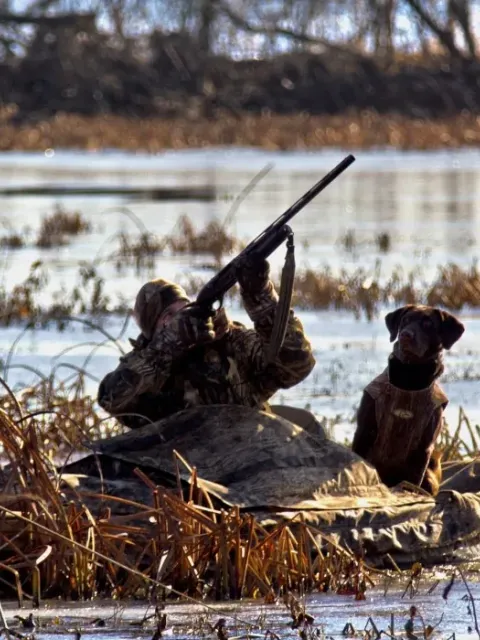 Duck hunter shooting from a NuCanoe Frontier 12 kayak with a dog.