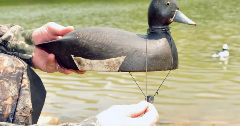 old wooden duck decoy with a pond and floating decoy in the background